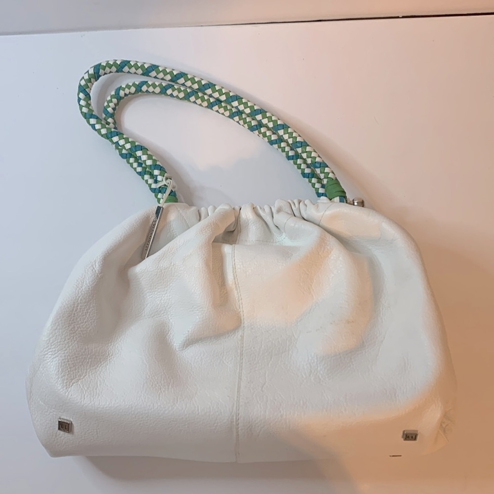 Elliot Lucca White Leather W/Breaded Handles Purse Very Beautiful Used